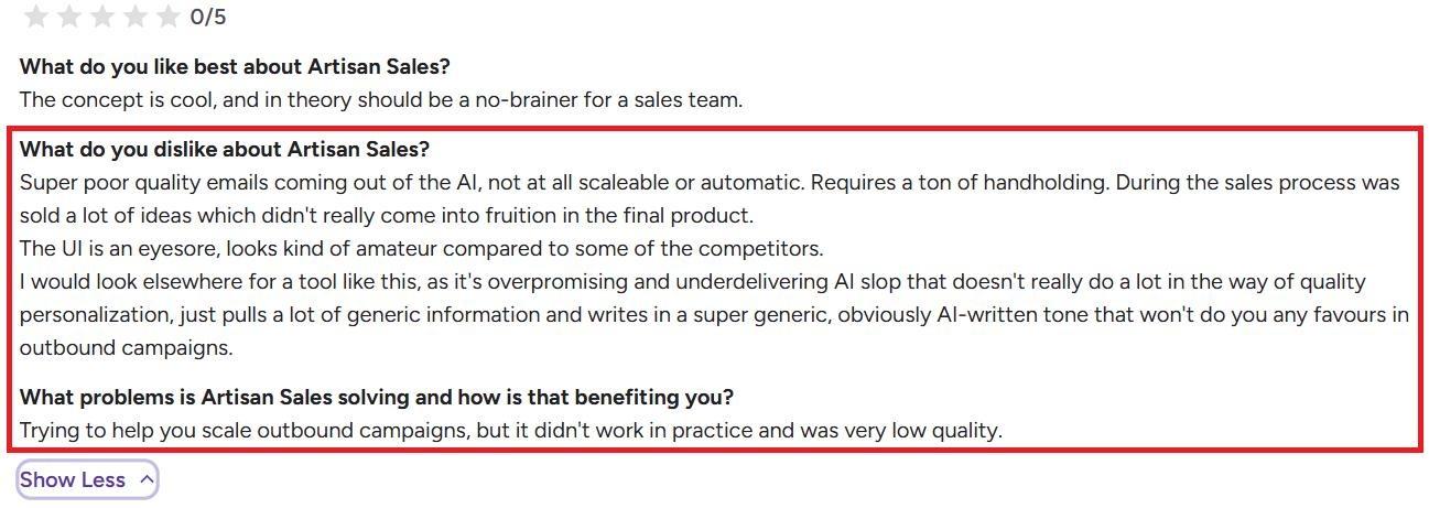 Negative G2 Review of Artisan AI