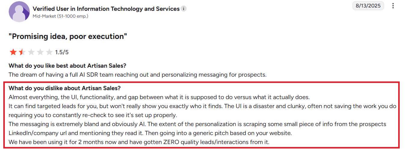 Negative G2 Review of Artisan AI