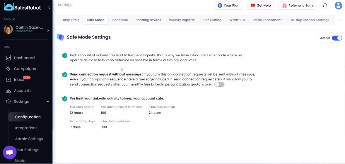 Screenshot of safe mode settings of SalesRobot