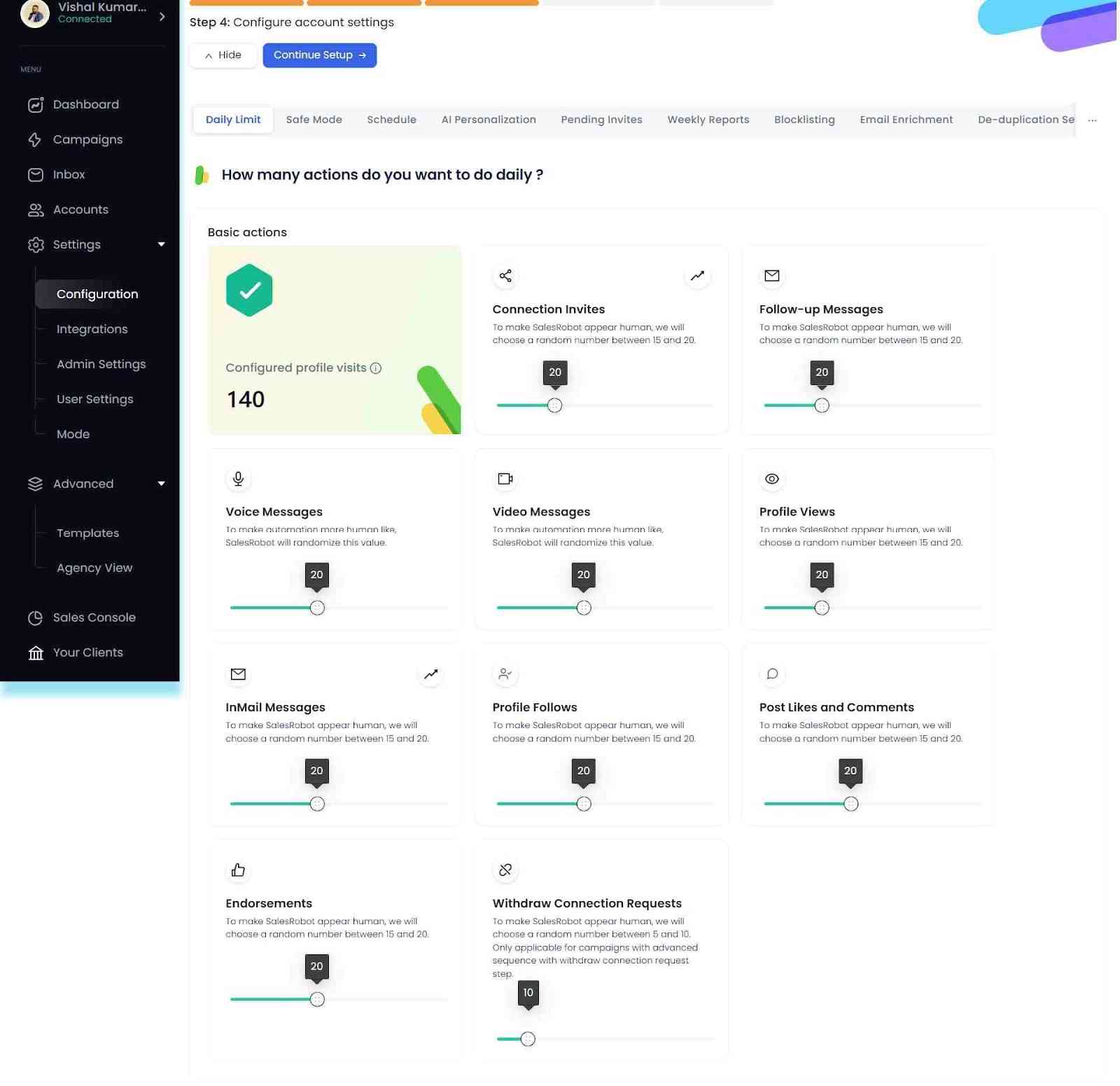 Screenshot of the configuration settings for a campaign, showing various action options such as daily limit, safe mode, schedule and, AI