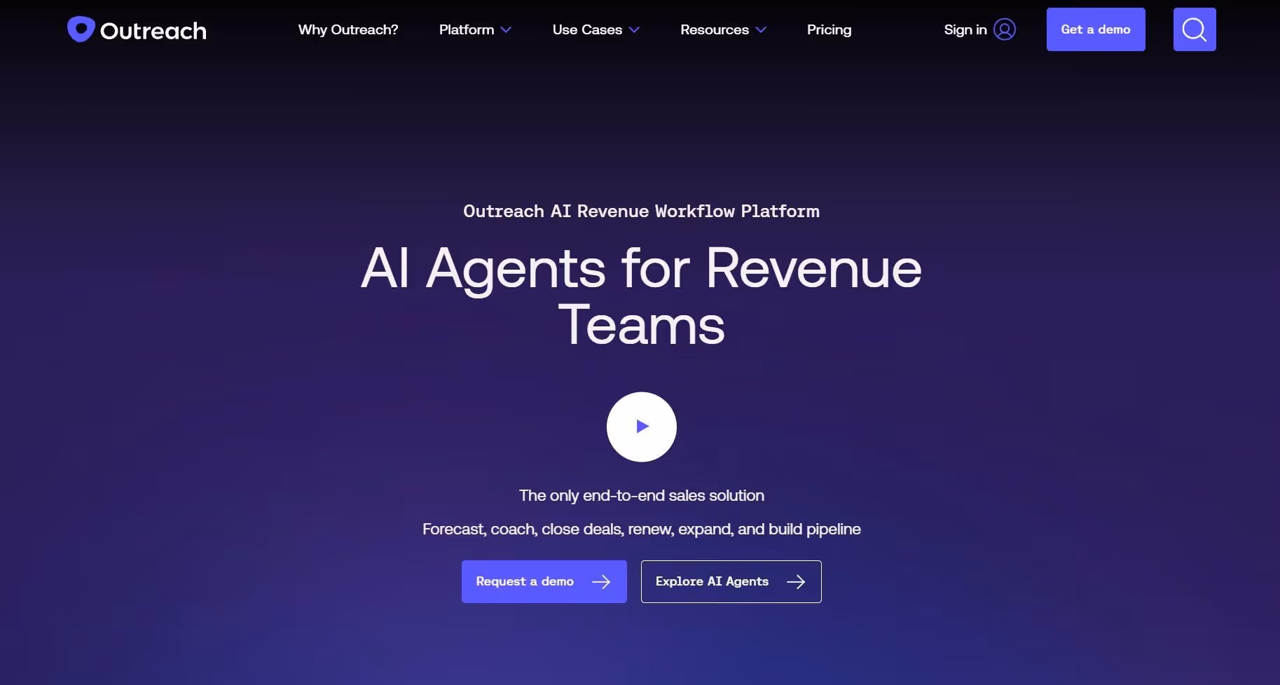 Outreach homepage with headline AI Agents for Revenue Teams.