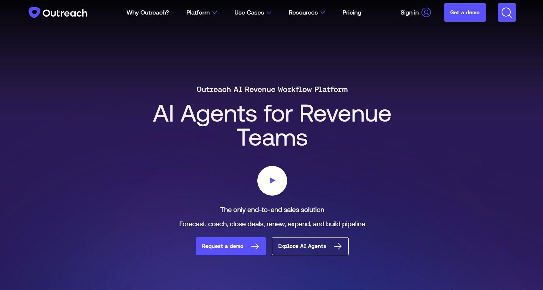Outreach homepage with headline AI Agents for Revenue Teams.