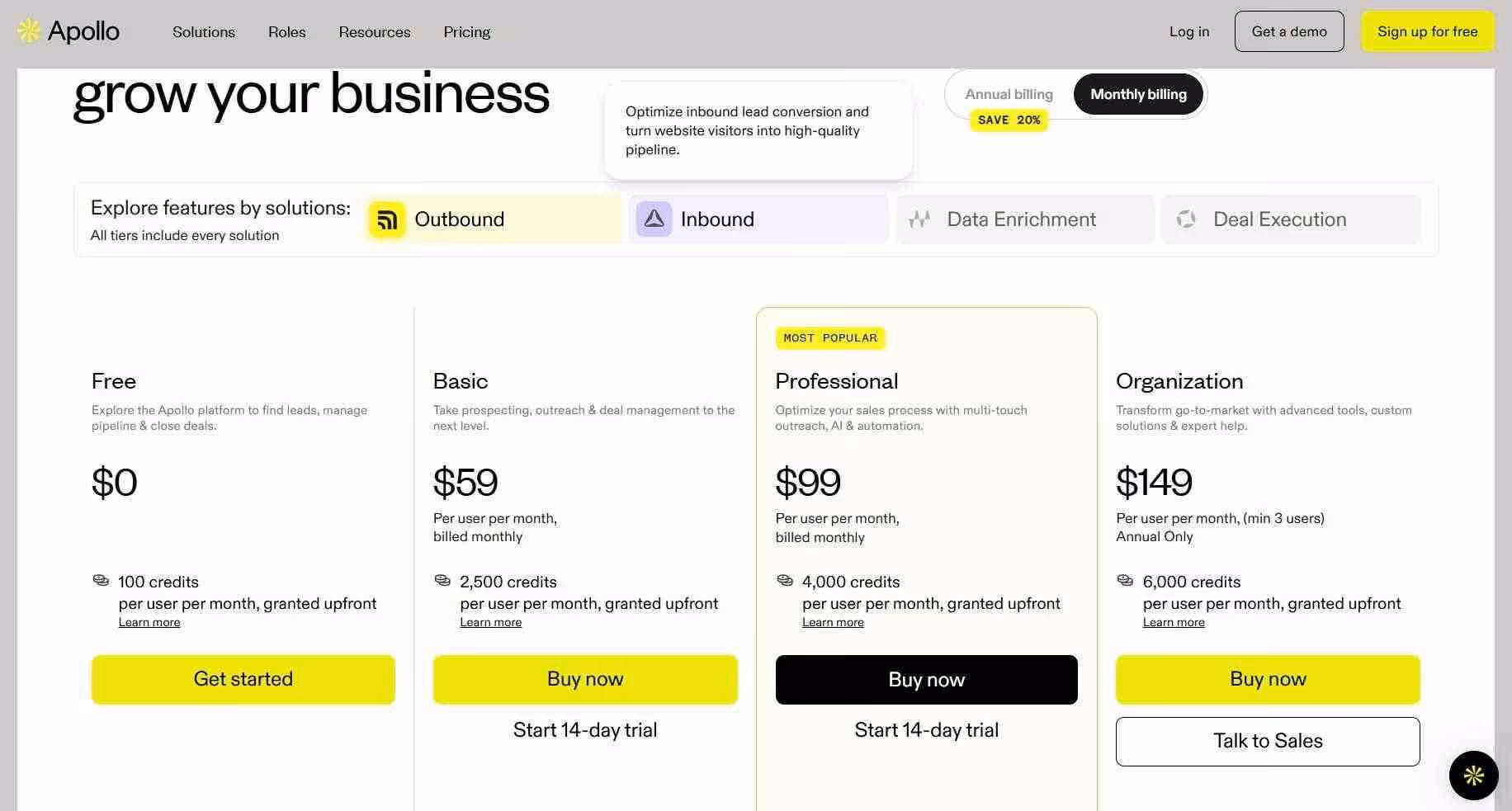 Apollo pricing page with different subscription tiers.