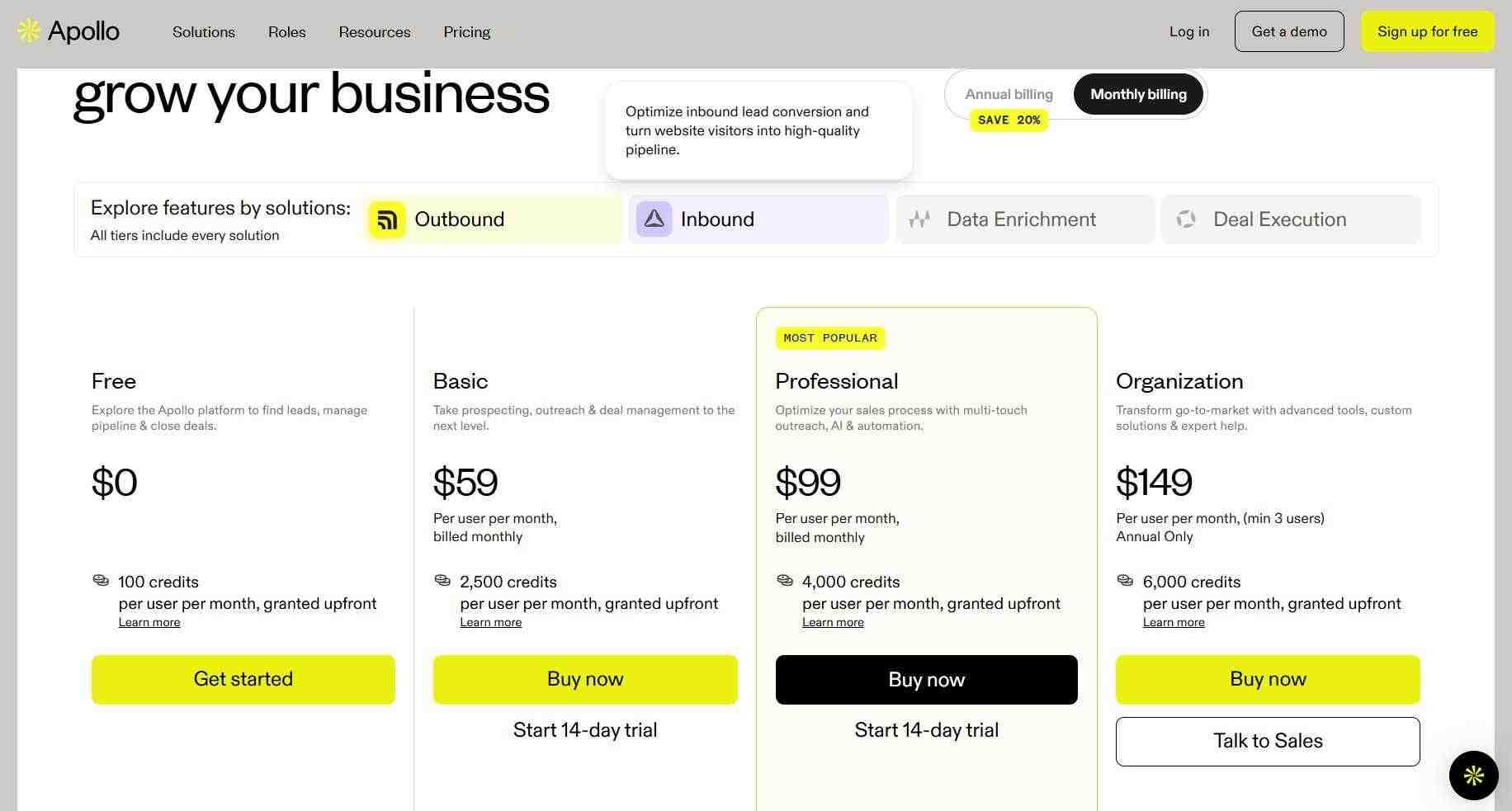 Apollo pricing page with different subscription tiers.