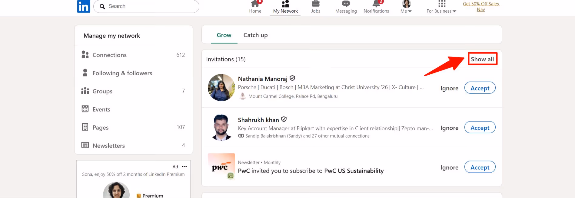 LinkedIn see all in my network option