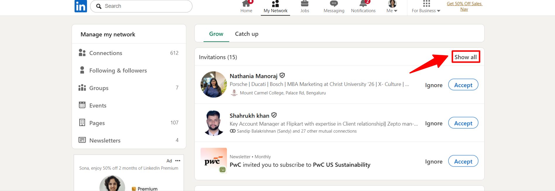 LinkedIn see all in my network option