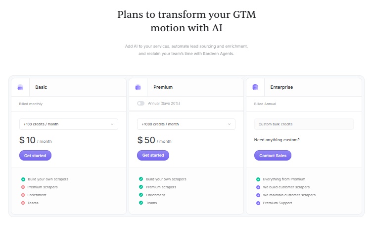 A pricing page for Bardeen, with different plan options.