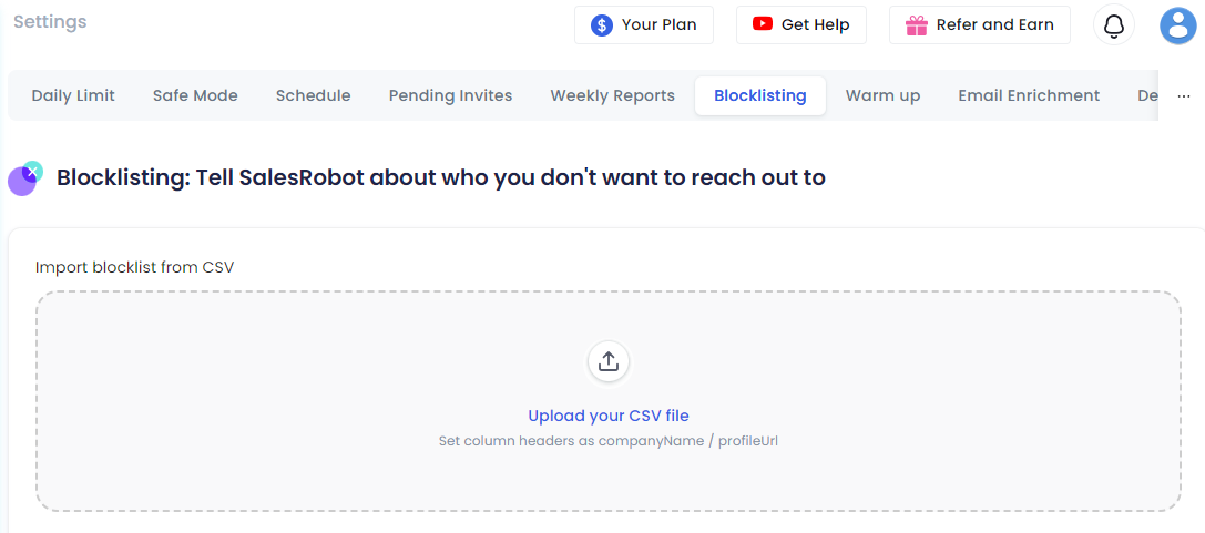 Blocklisting in SalesRobot settings