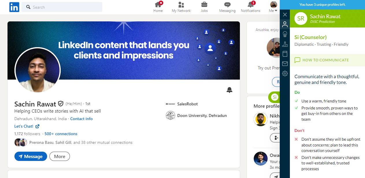 CrystalKnows extension analyzing a LinkedIn profile