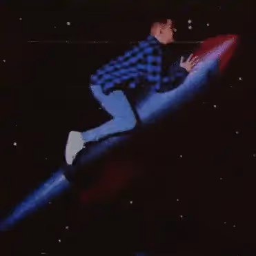 Man sitting on a rocket gif.