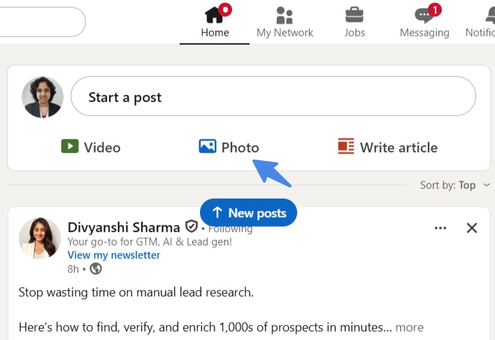 LinkedIn post creation box with an arrow highlighting the Media (Photo) button to click.