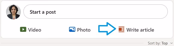 Write article option on LinkedIn feed.
