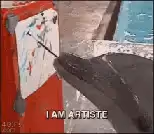 A dolphin holding a paintbrush paints on a small canvas mounted on a red stand near a pool, with the caption “I AM ARTISTE” on the image.