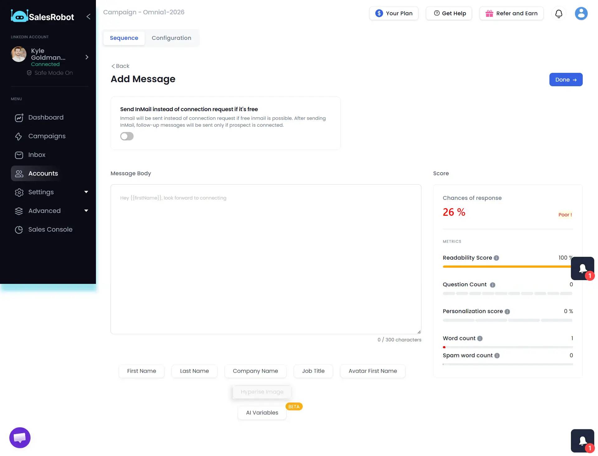 SalesRobot create message page