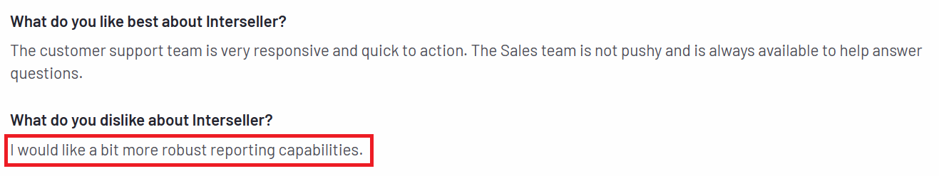 Negative user review of Ineterseller complaining that the reporting and analytics features need some work