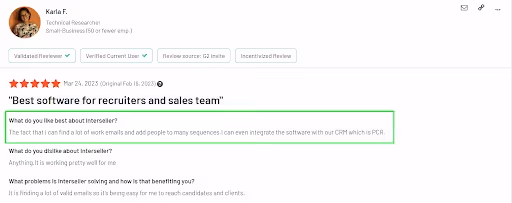 User review of Interseller saying that they could find emails easily and export them to their preferred CRMs