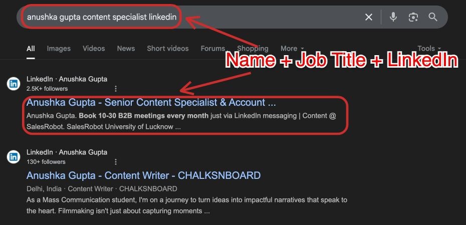 Google search by name + job title + LinkedIn to find profile