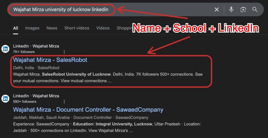 Name + College + LinkedIn in Google search to find LinkedIn URL