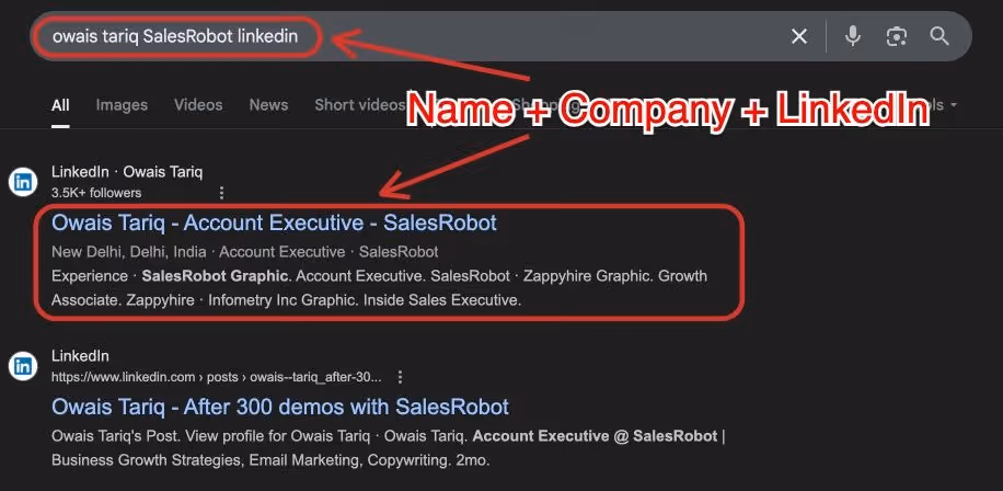 name + company + LinkedIn in the Google search bar to find LinkedIn URL