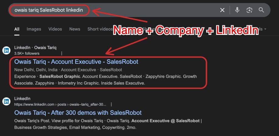 name + company + LinkedIn in the Google search bar to find LinkedIn URL