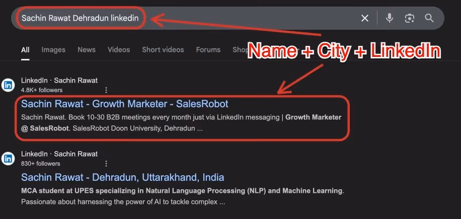 Name + city + LinkedIn in the Google search to find LinkedIn URL
