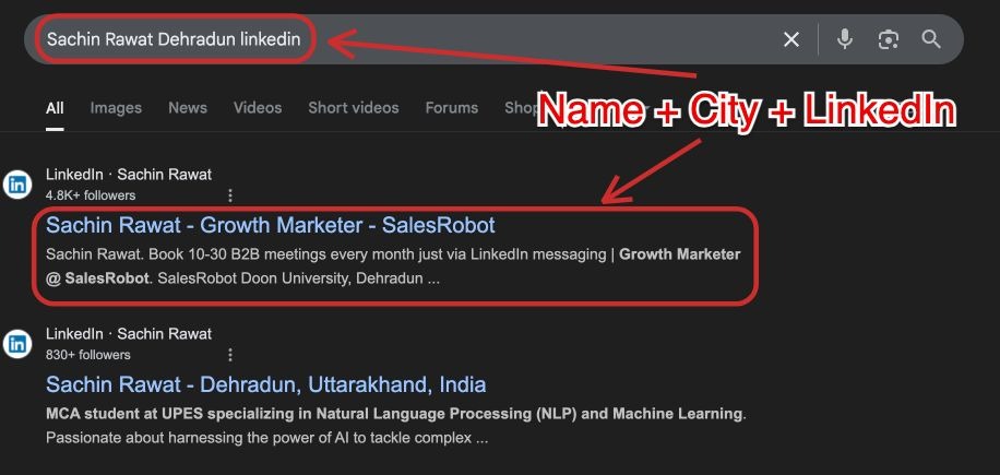 Name + city + LinkedIn in the Google search to find LinkedIn URL