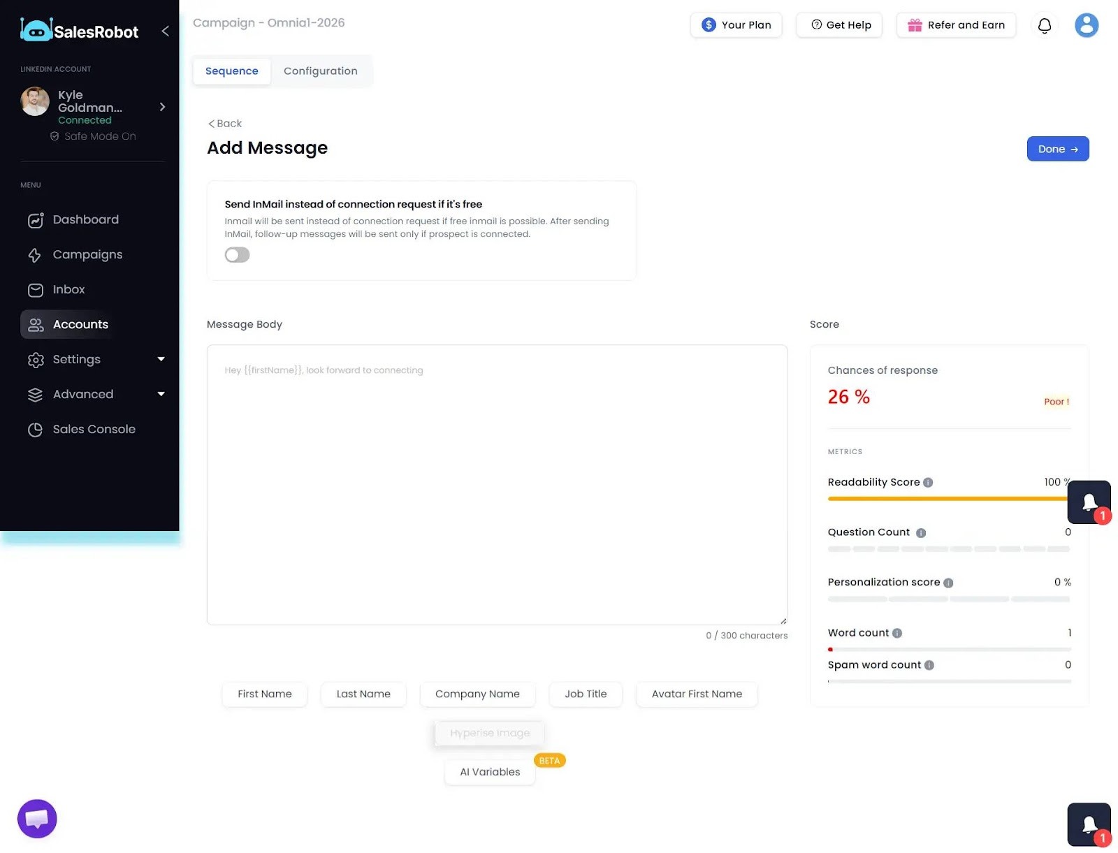 Create campaign page with message body input field and score metrics.