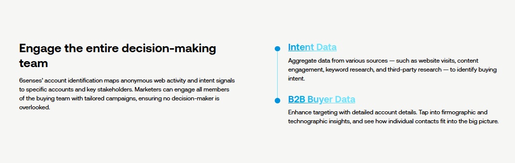 A section of the 6sense website explaining how to engage the entire decision-making team, listing features like Intent Data and B2B Buyer Data