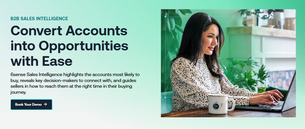 A woman is working on a laptop with the text "B2B SALES INTELLIGENCE Convert Accounts into Opportunities with Ease" on the left.
