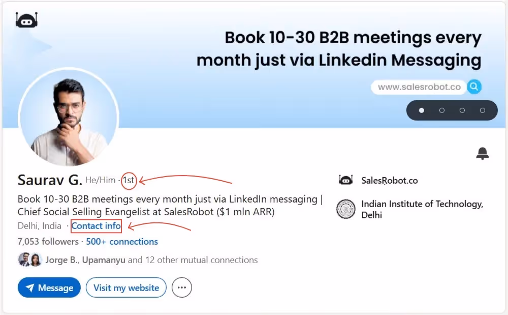 how to spot a 1st degree connection and see their contact details.