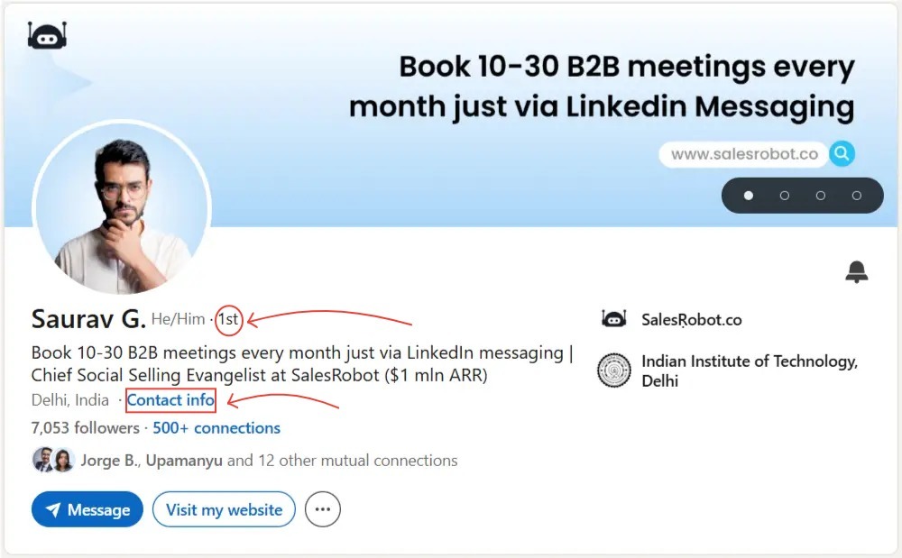 how to spot a 1st degree connection and see their contact details. 