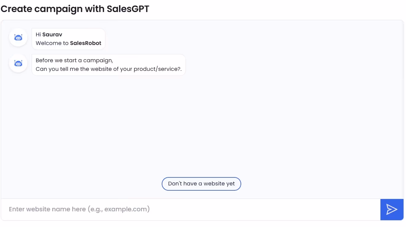 Screenshot of a SalesRobot sales chatbot asking for a website.