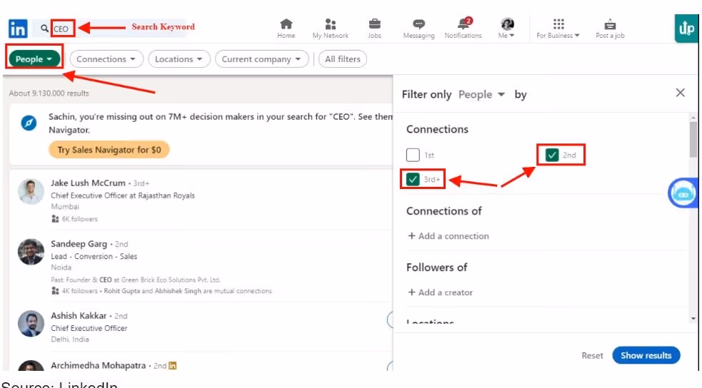 how to search 2nd+ degree connections on LinkedIn.