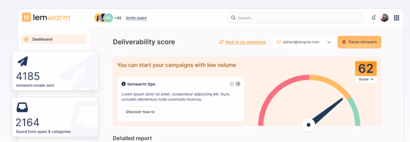A lemlist dashboard showing deliverability score, lemlarm tips and email statistics.