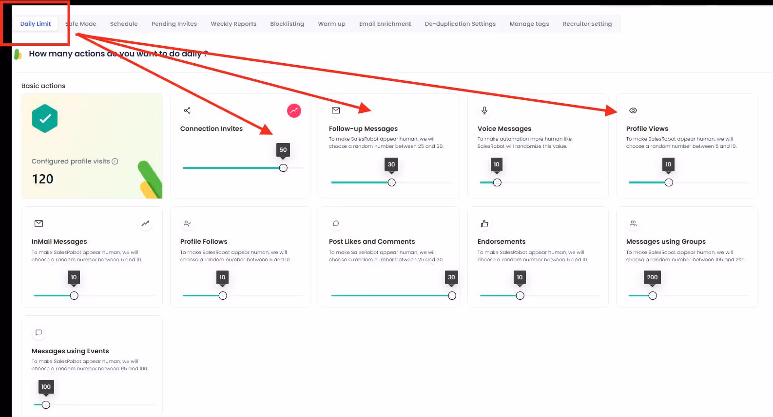 A dashboard showing daily limit actions for connection invites, follow-up messages, voice messages and profile views.