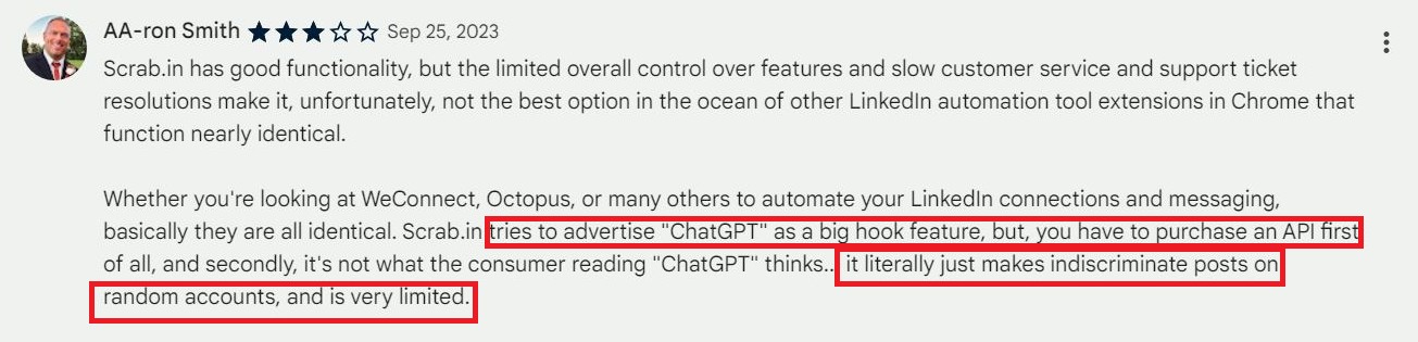 Review saying Scrabin ChatGPT is very limited