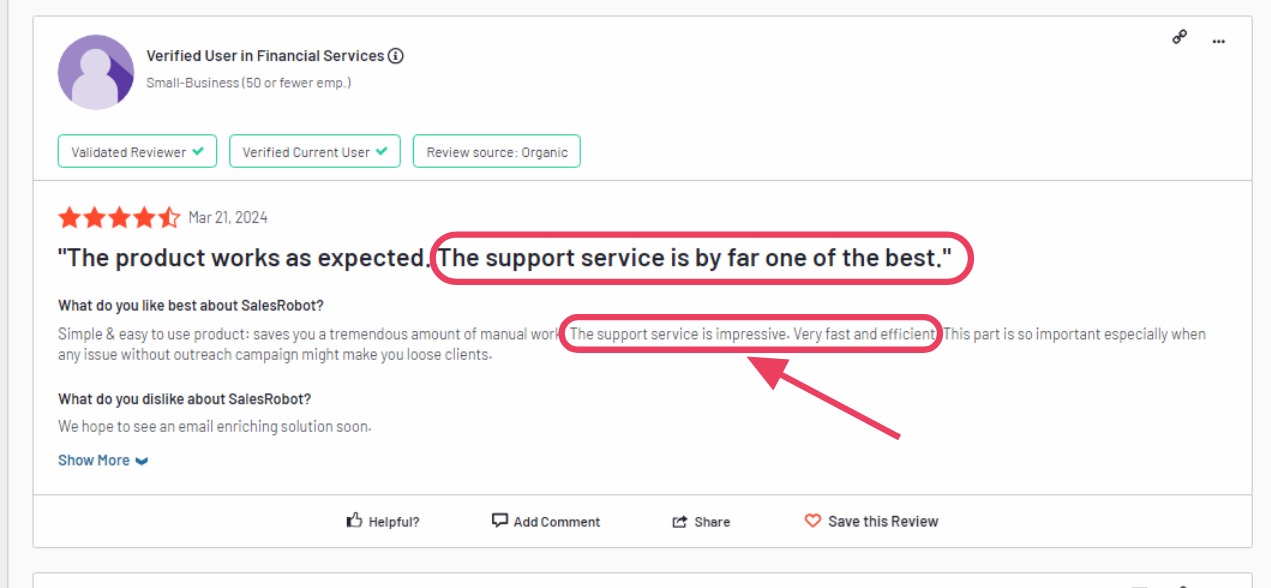Review highlighting Salesrobot good support