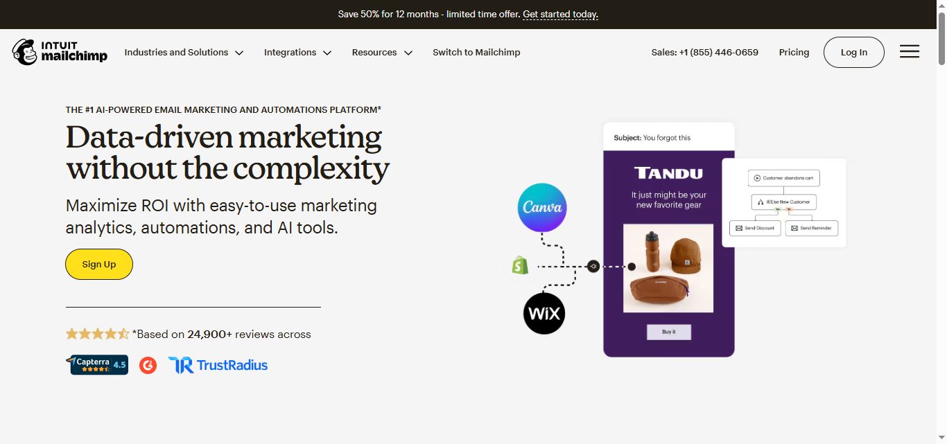 Mailchimp homepage featuring automation tools.