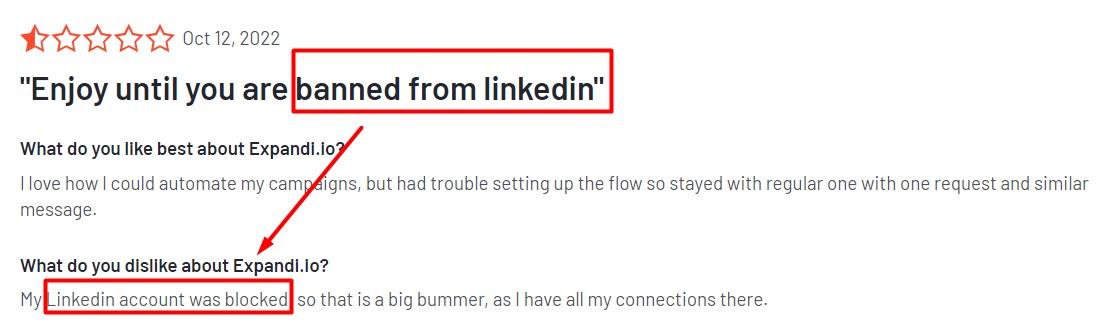 A user review highlighting the risk of being banned from LinkedIn while using Expandi.