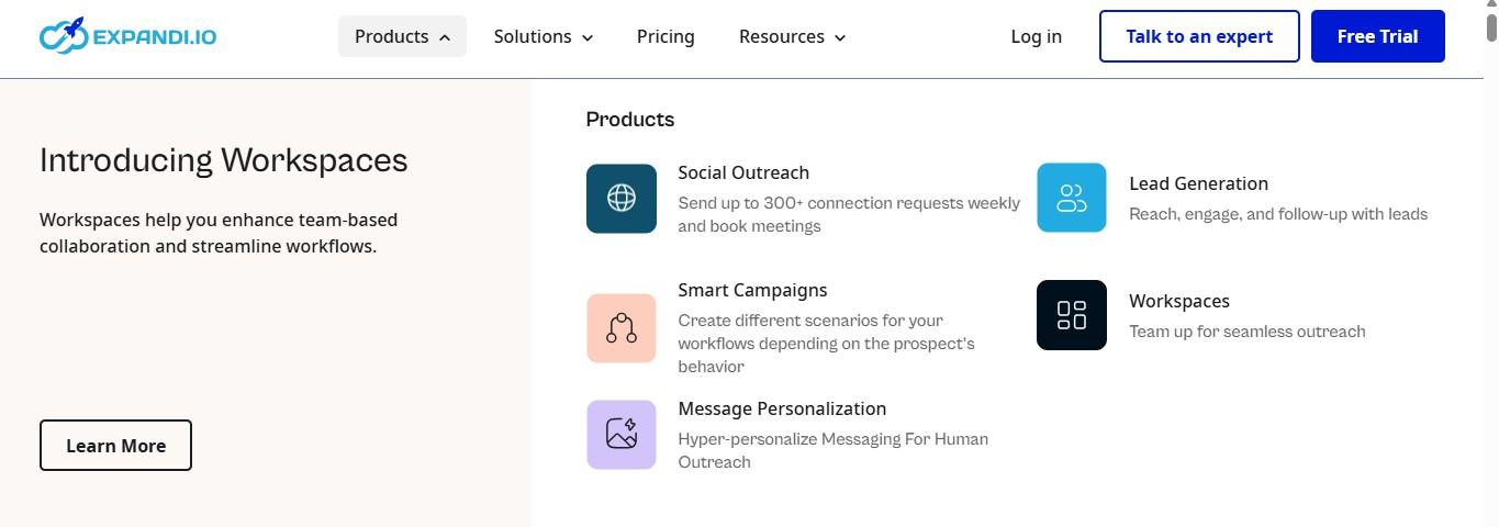 Expandi's workspaces page explaining its team-based collaboration features.