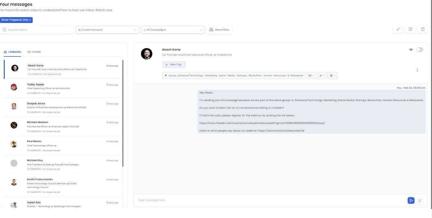 Screenshot of a LinkedIn Sales Navigator inbox.