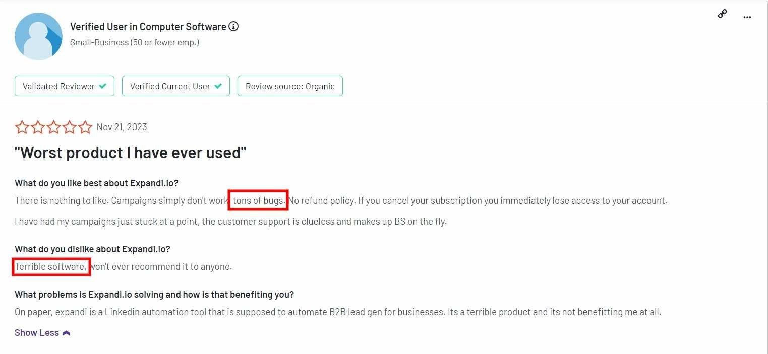 Negative review calling the product the worst they've ever used, citing bugs and poor support.