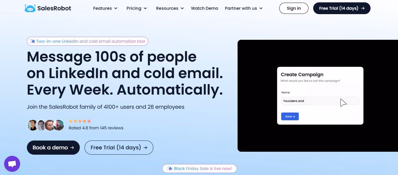 A screenshot of the SalesRobot website homepage, featuring the headline 'Message 100s of people on LinkedIn and cold email. Every Week. Automatically.' and a form to 'Create Campaign'.