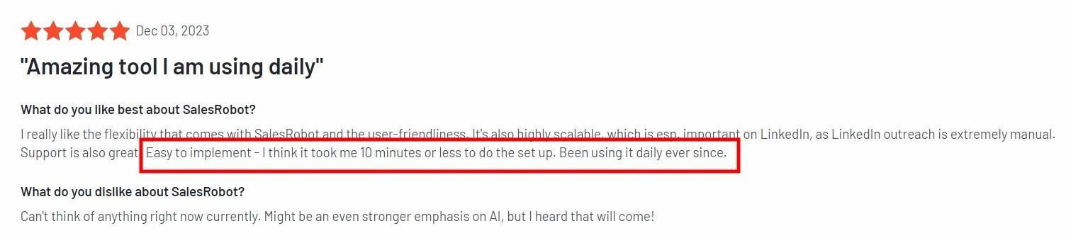 SalesRobot review: Amazing tool, easy to implement and use daily.