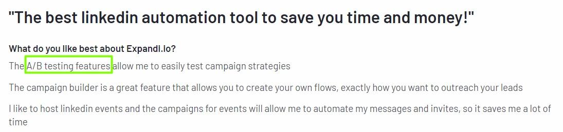 A/B testing feature highlighted as a favorite aspect of Expandi.