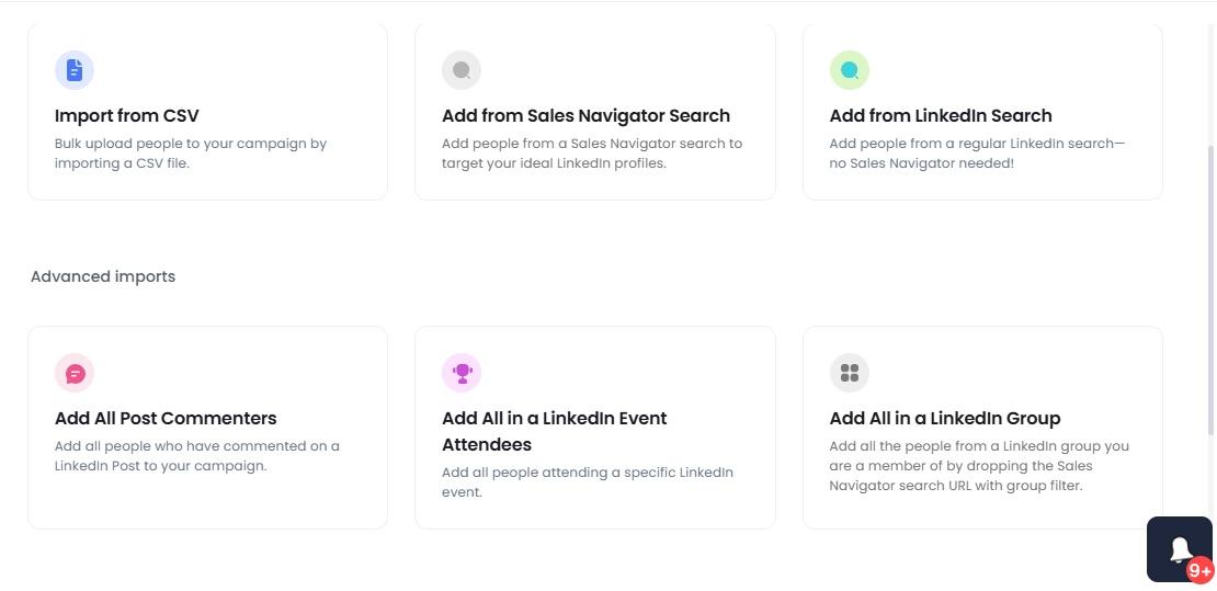 Screenshot of different ways to add profiles to a LinkedIn campaign.