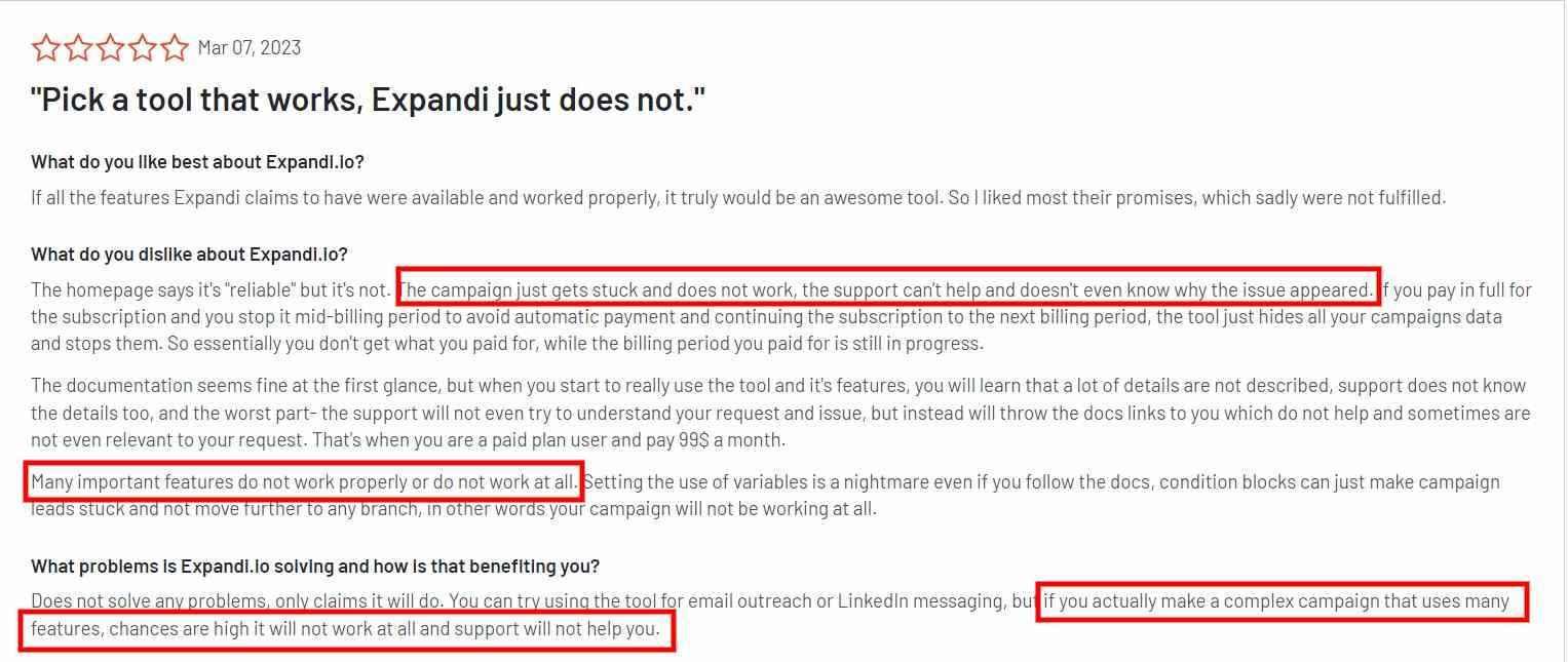 Negative review describing a tool that doesn't work as advertised and has poor support.