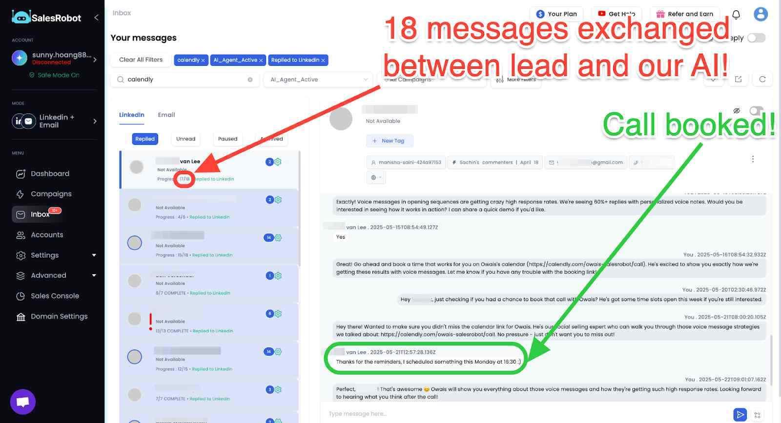 Screenshot of a SalesRobot dashboard showing 18 messages exchanged between a lead and an AI, resulting in a booked call.