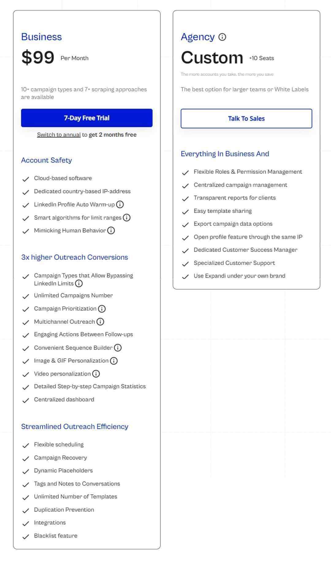 Comparison of pricing and features for business and agency accounts.
