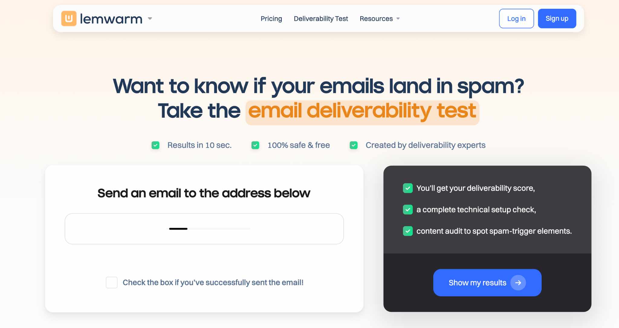 Lemwarm email deliverability test interface, allowing users to check their email deliverability.